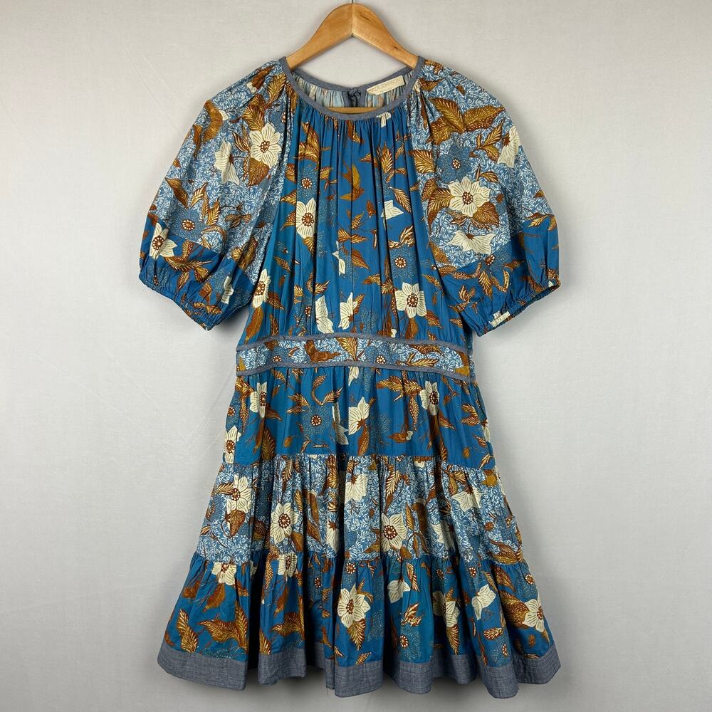 Ulla Johnson Sloane Puff Sleeve Keyhole Back Mini Dress Blue Floral Size 10